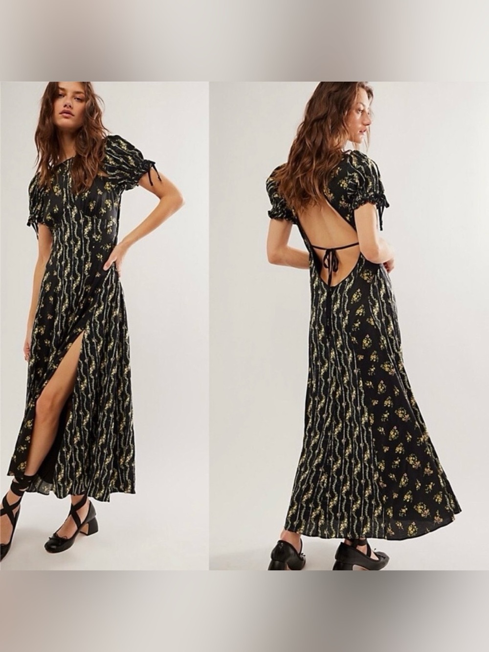 Free People Black Floral Open-Back Maxi Dress with Puff Sleeves